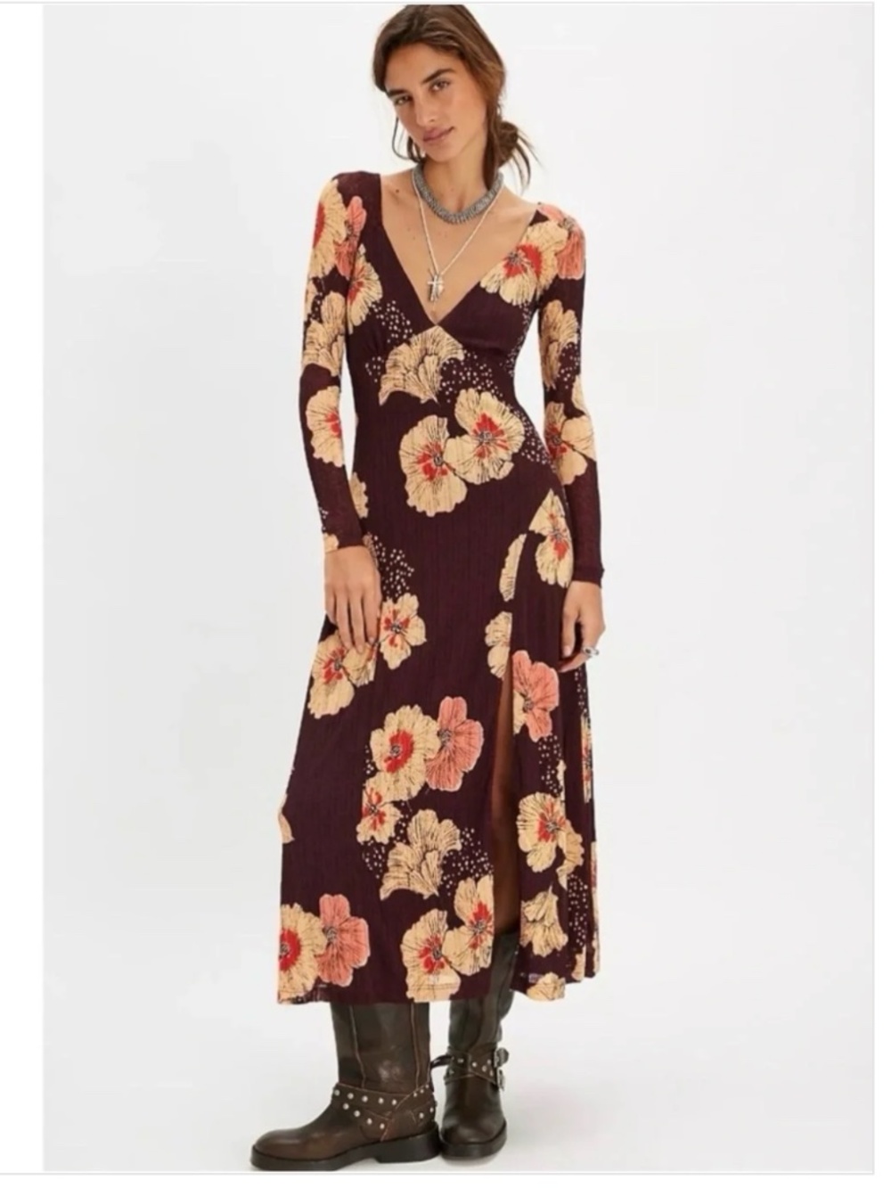 Free People Calla Knit Floral Deep V-Neck Midi Long Sleeve Dress S New
